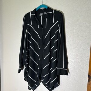 Black and white asymmetrical button up blouse